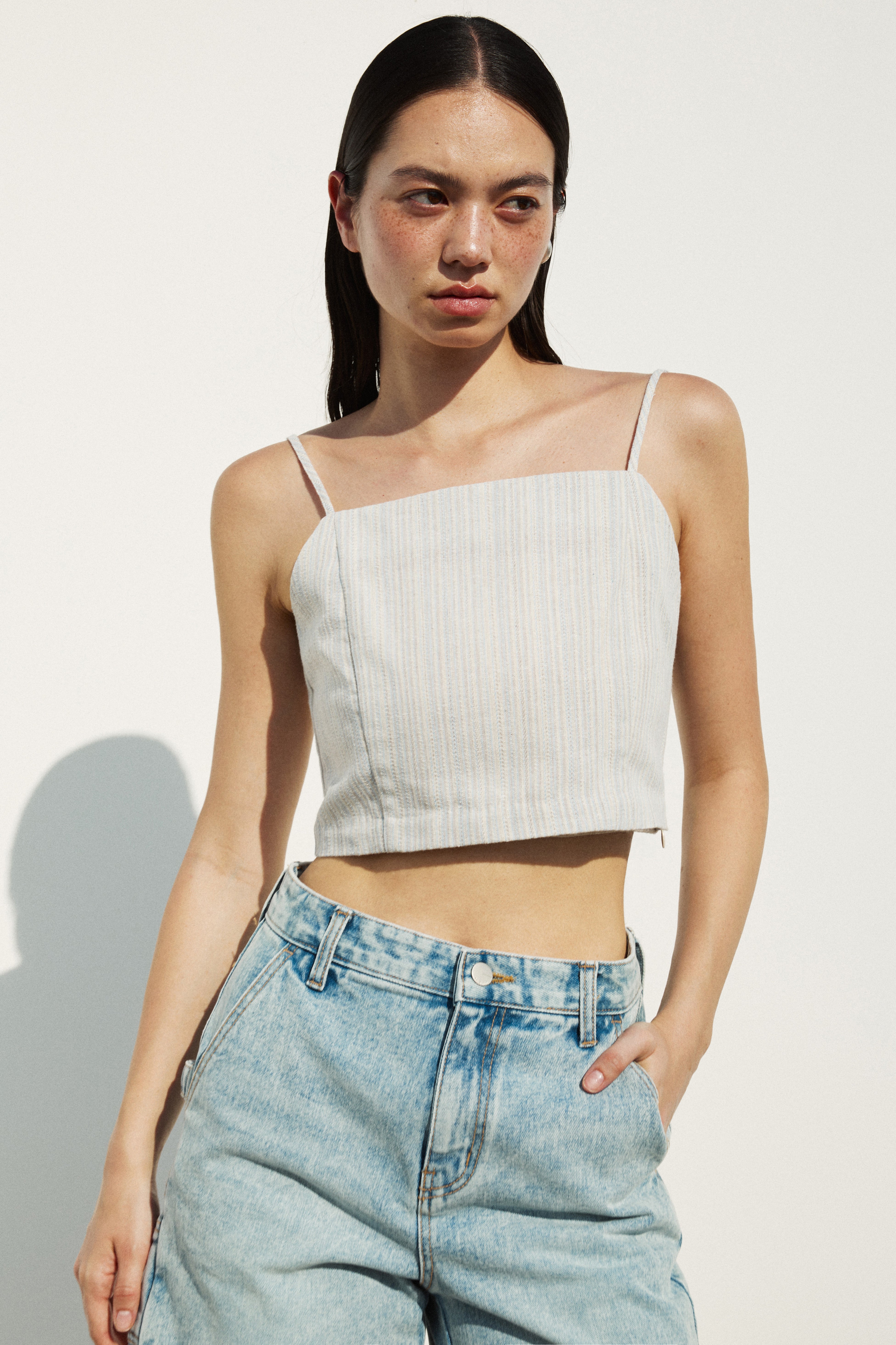 Square Neck Linen Blend Cropped Top