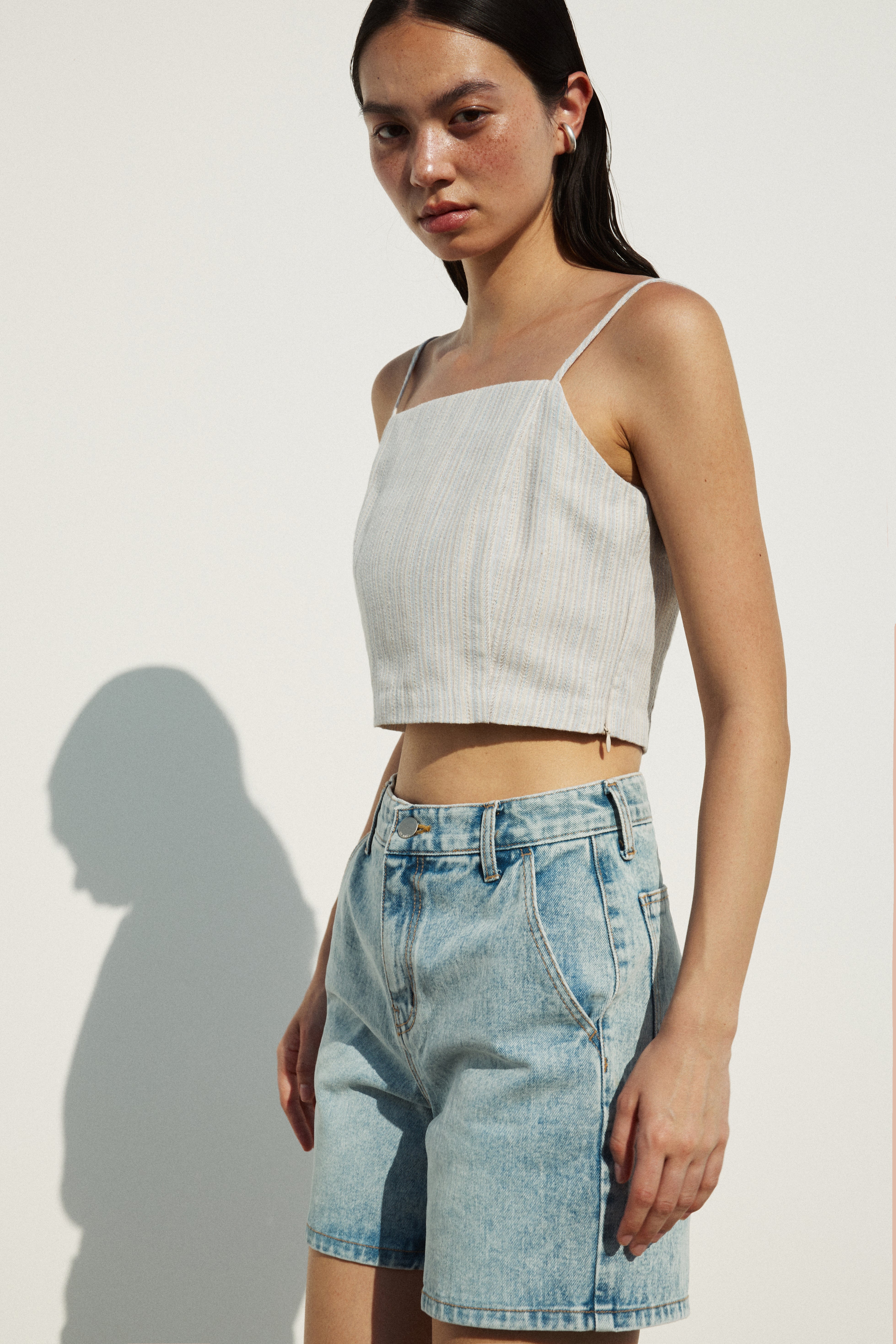Square Neck Linen Blend Cropped Top