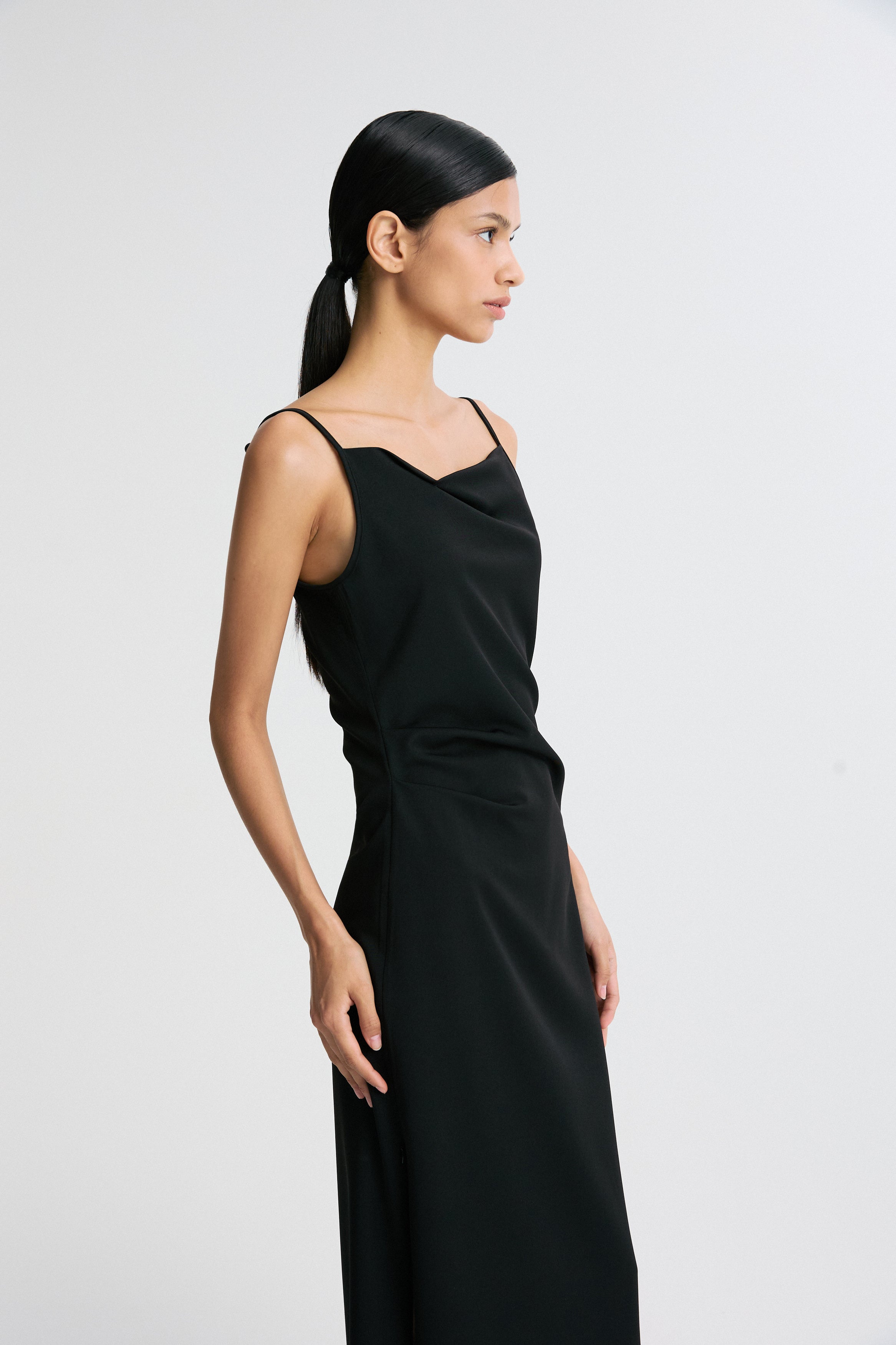 Zip-Hem Draped Midi Dress