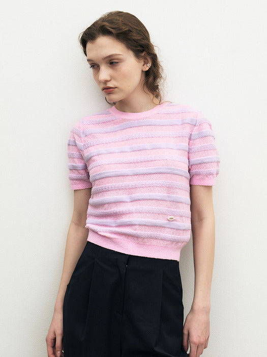 Bouclé Stripe Half Sleeve Crop Knit