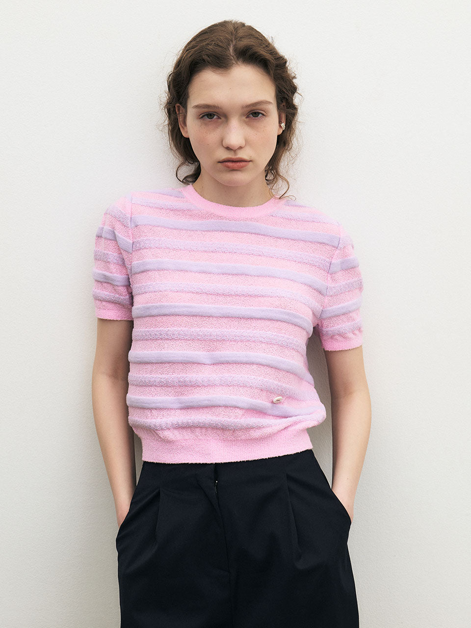 Bouclé Stripe Half Sleeve Crop Knit
