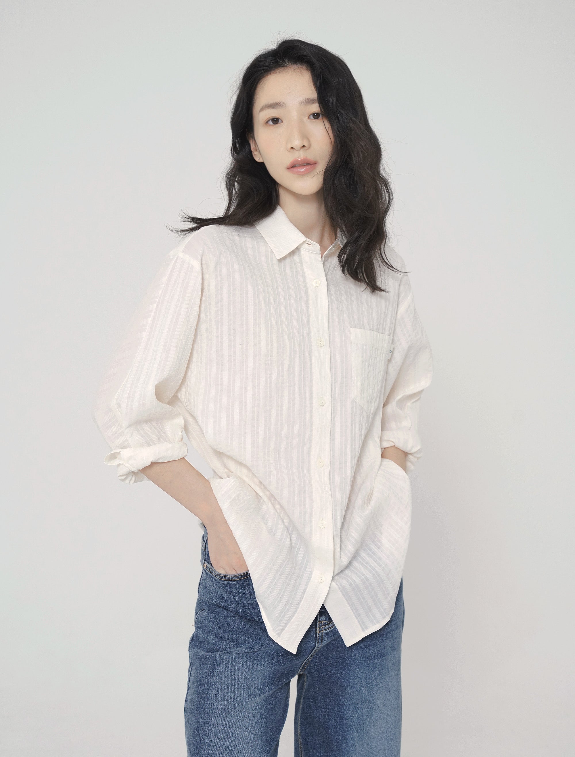 Patch-Pocket Twist Sleeve Cotton Shirt