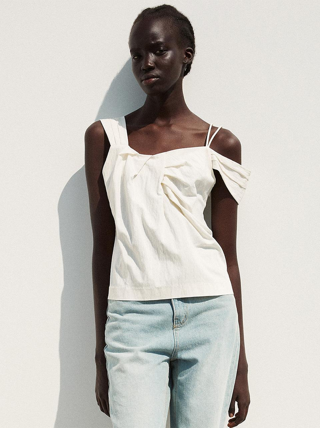 Asymmetric Shoulder Blouse Pearl