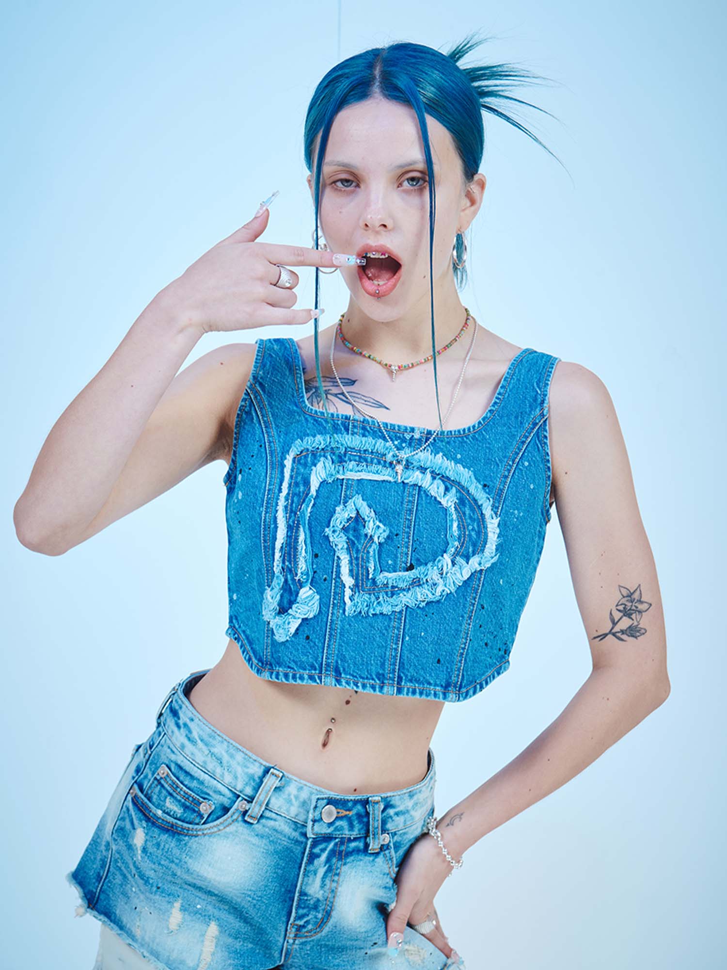 Embroidery String Denim Top