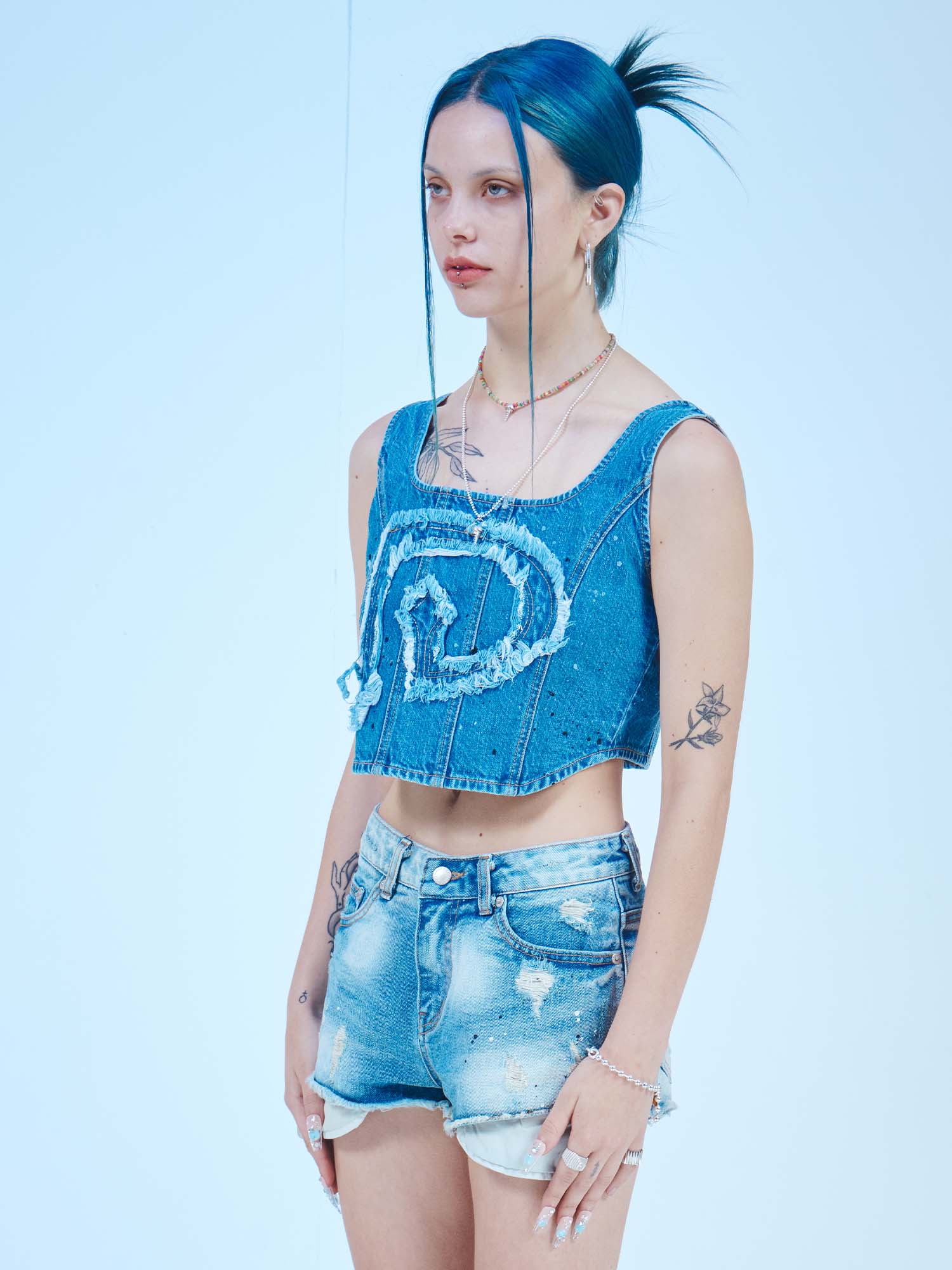 Embroidery String Denim Top