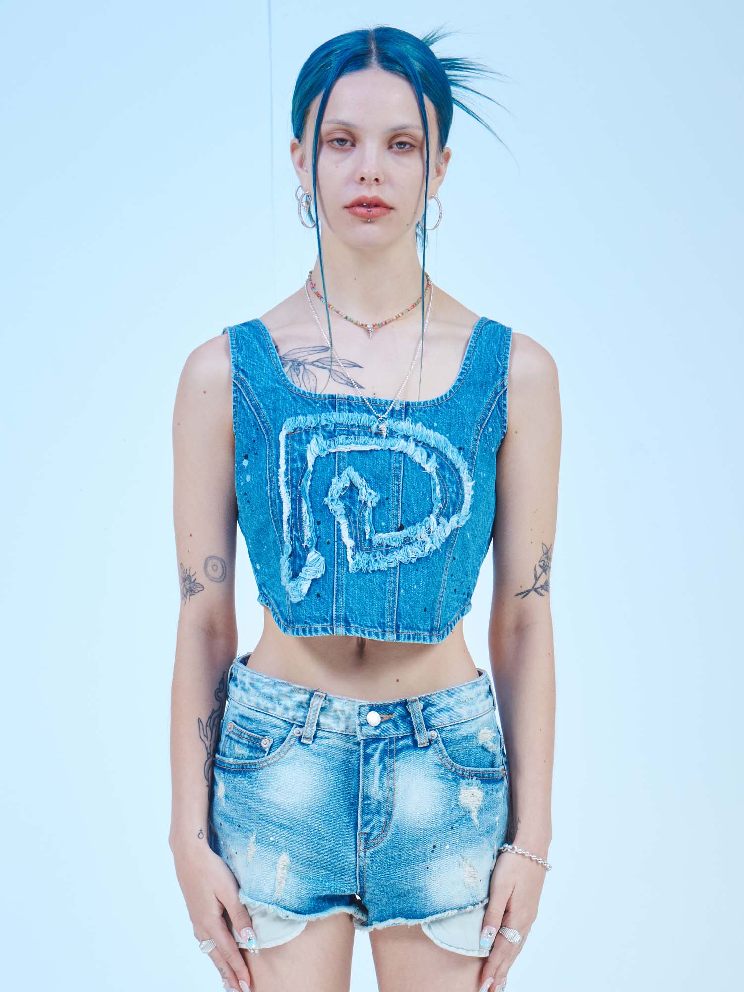 Embroidery String Denim Top