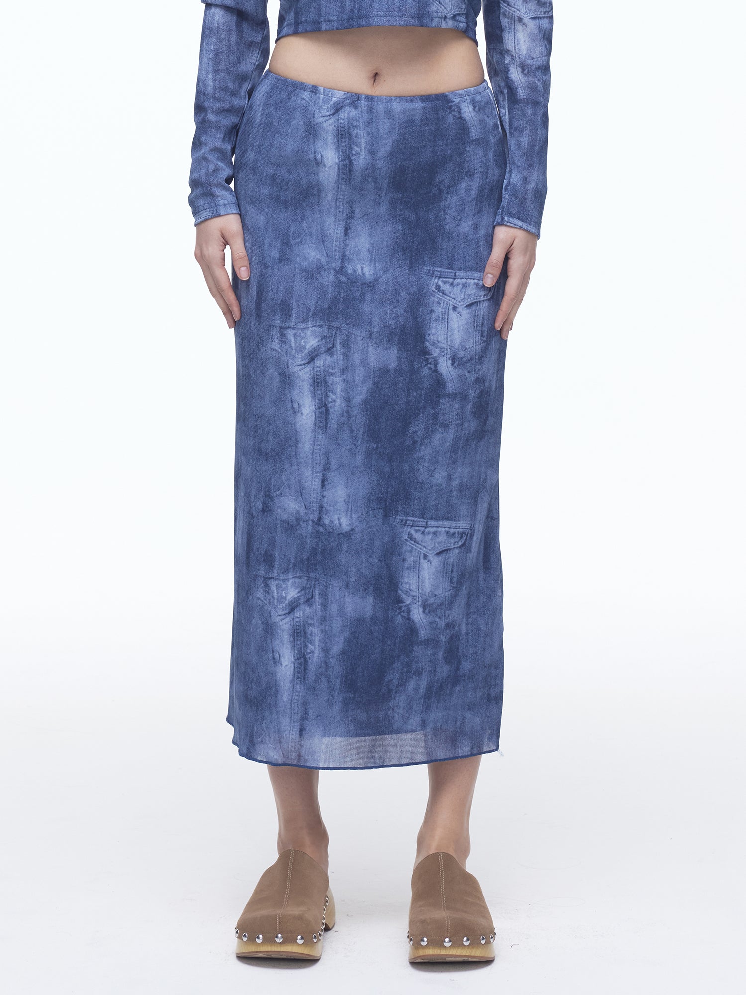 Denim Mesh Long Skirt