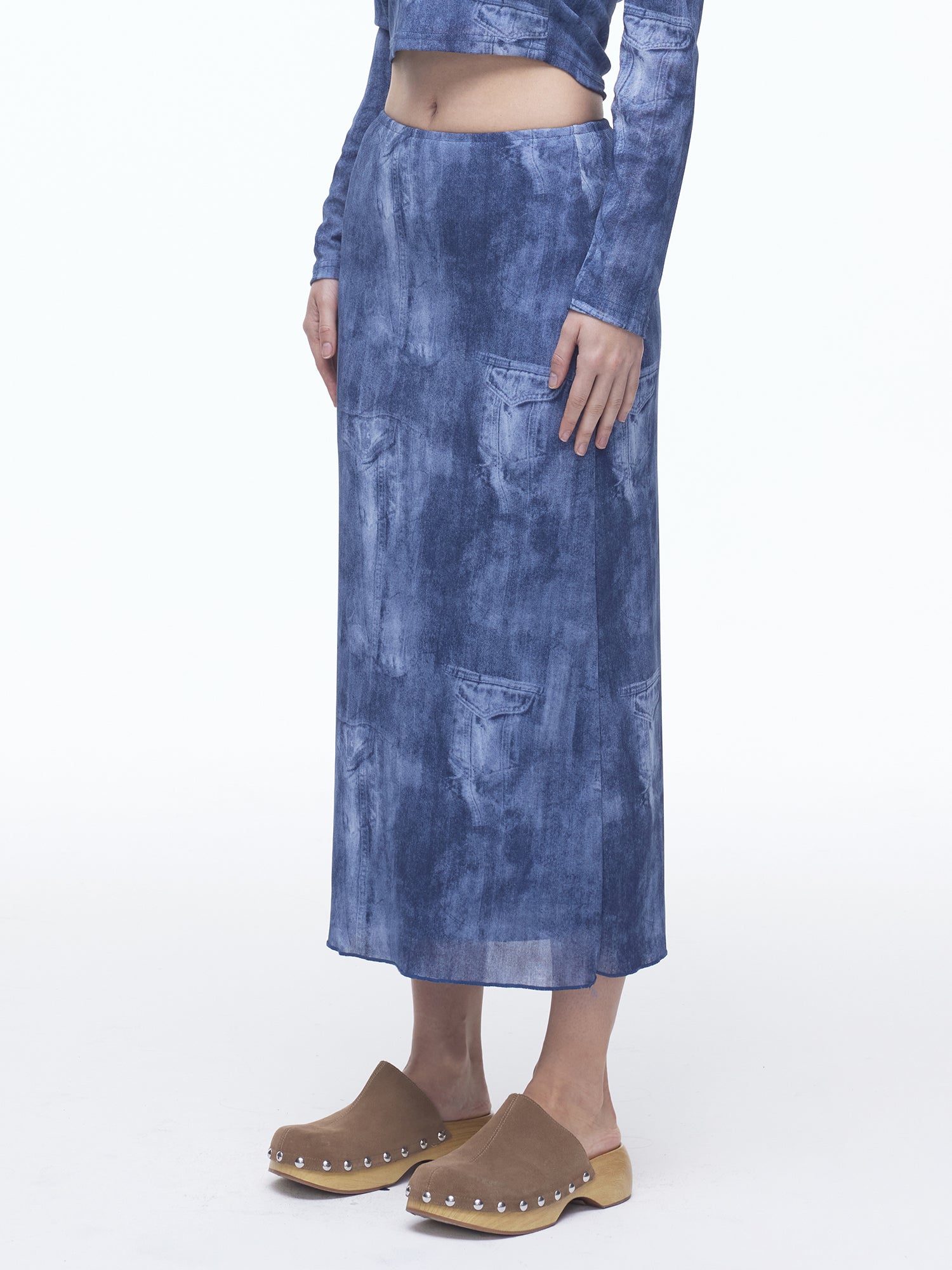 Denim Mesh Long Skirt