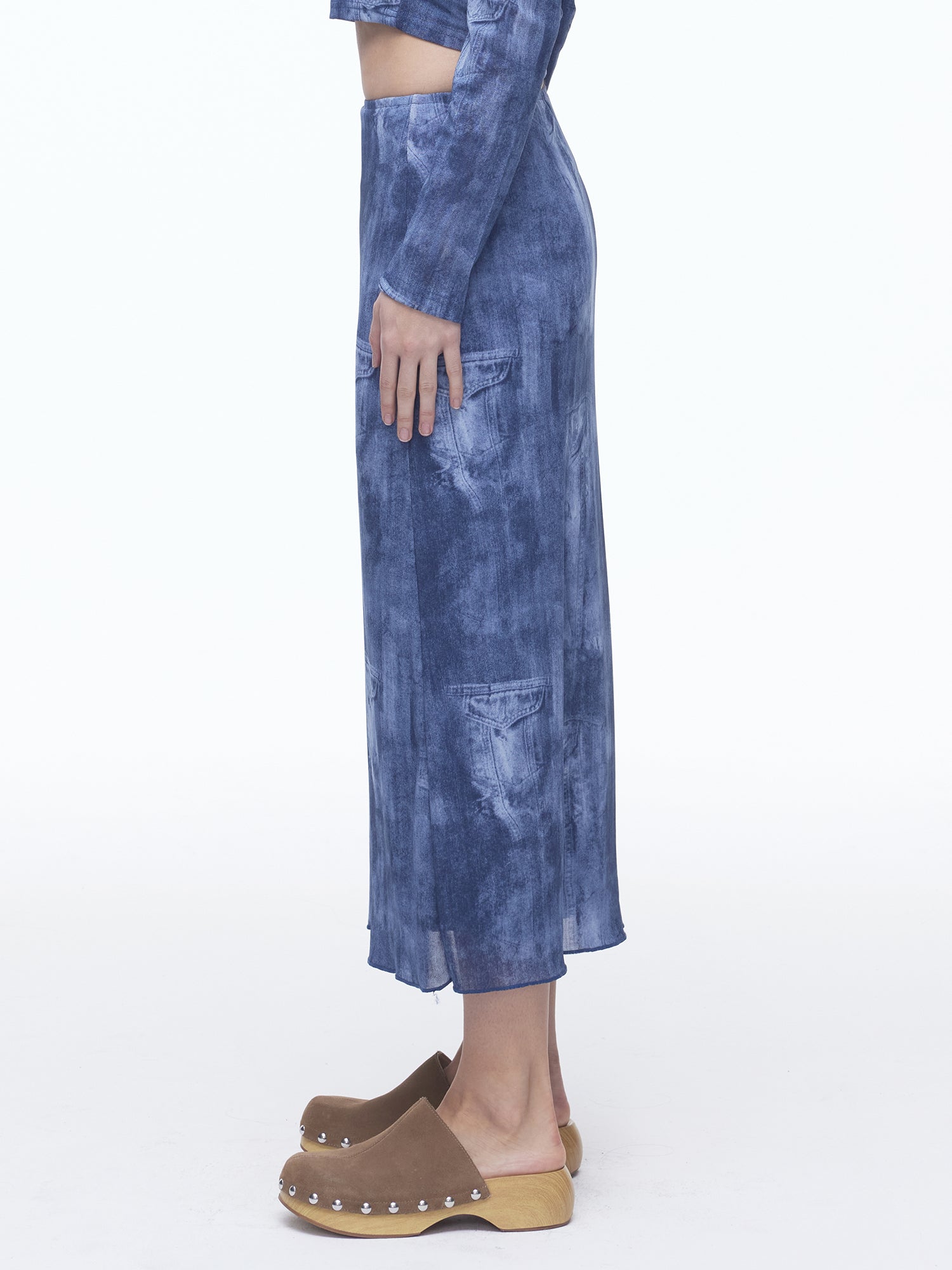 Denim Mesh Long Skirt