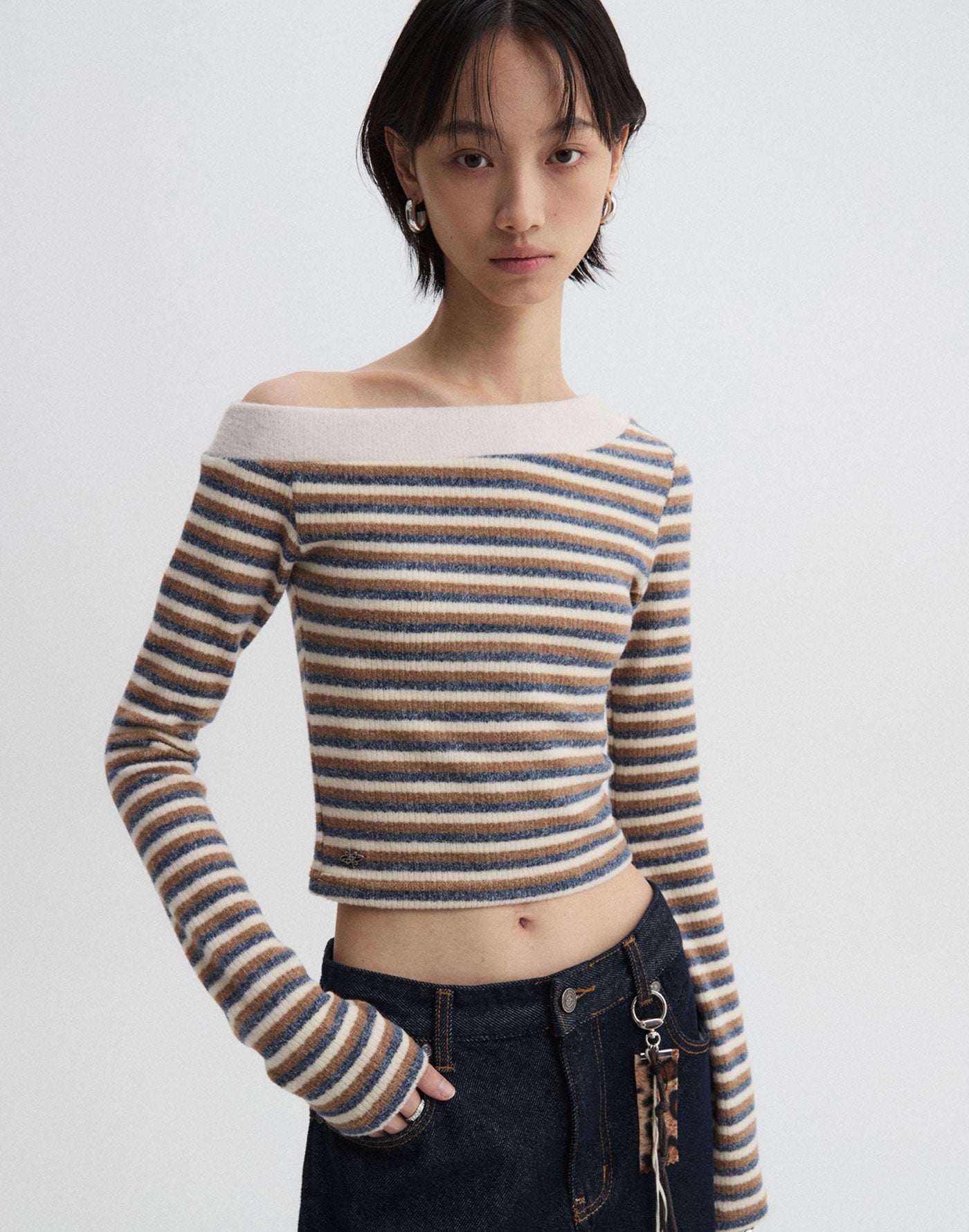 Off-Shoulder Knitted Stripe Long Sleeve