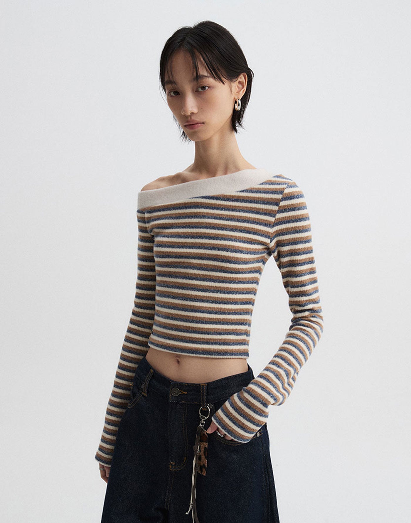 Off-Shoulder Knitted Stripe Long Sleeve