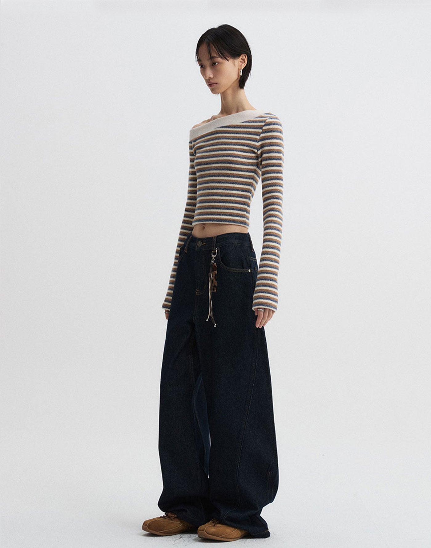 Off-Shoulder Knitted Stripe Long Sleeve