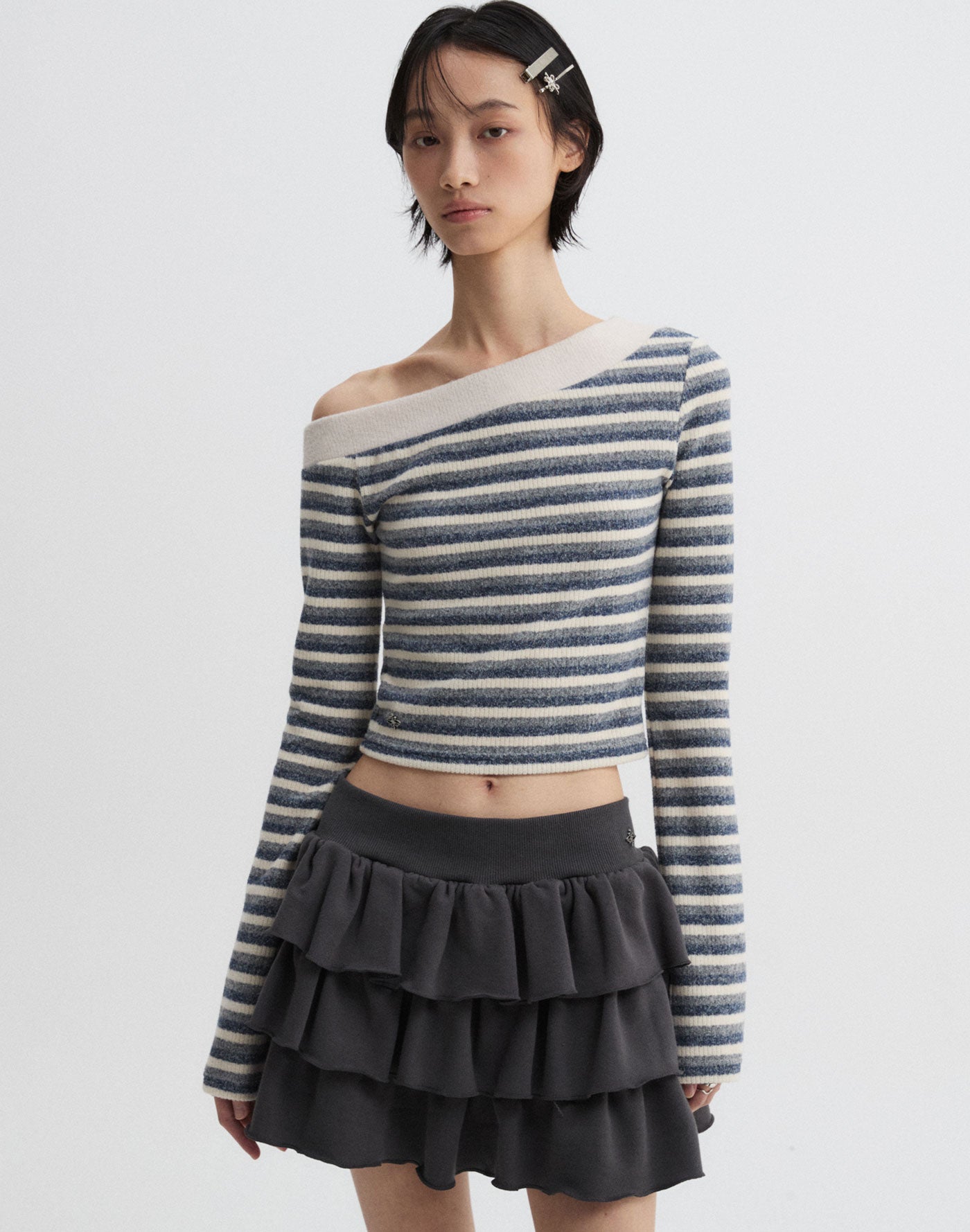 Off-Shoulder Knitted Stripe Long Sleeve