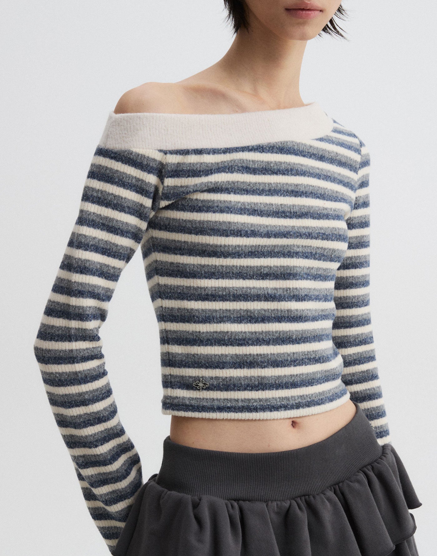 Off-Shoulder Knitted Stripe Long Sleeve