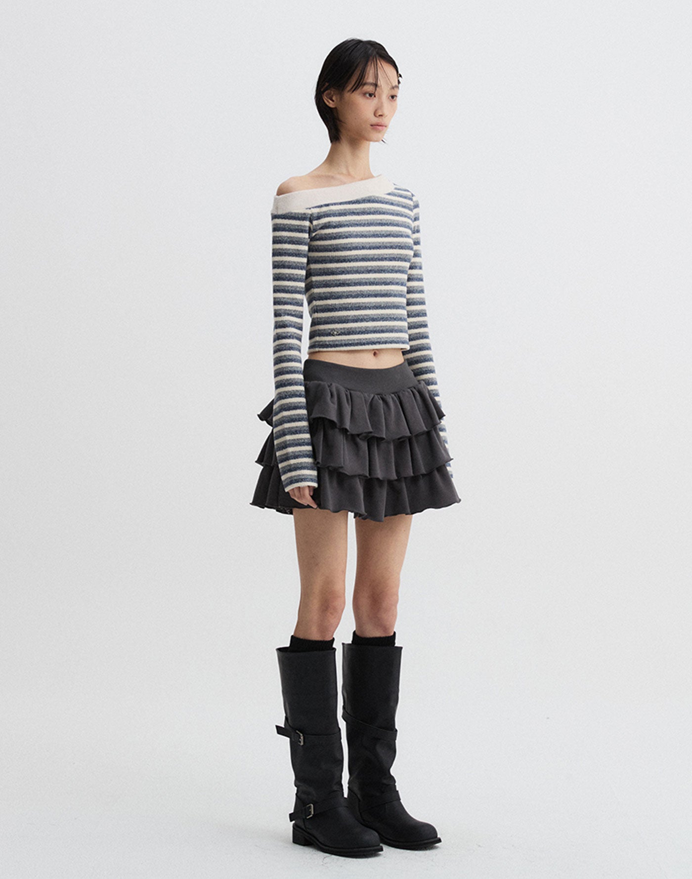 Off-Shoulder Knitted Stripe Long Sleeve