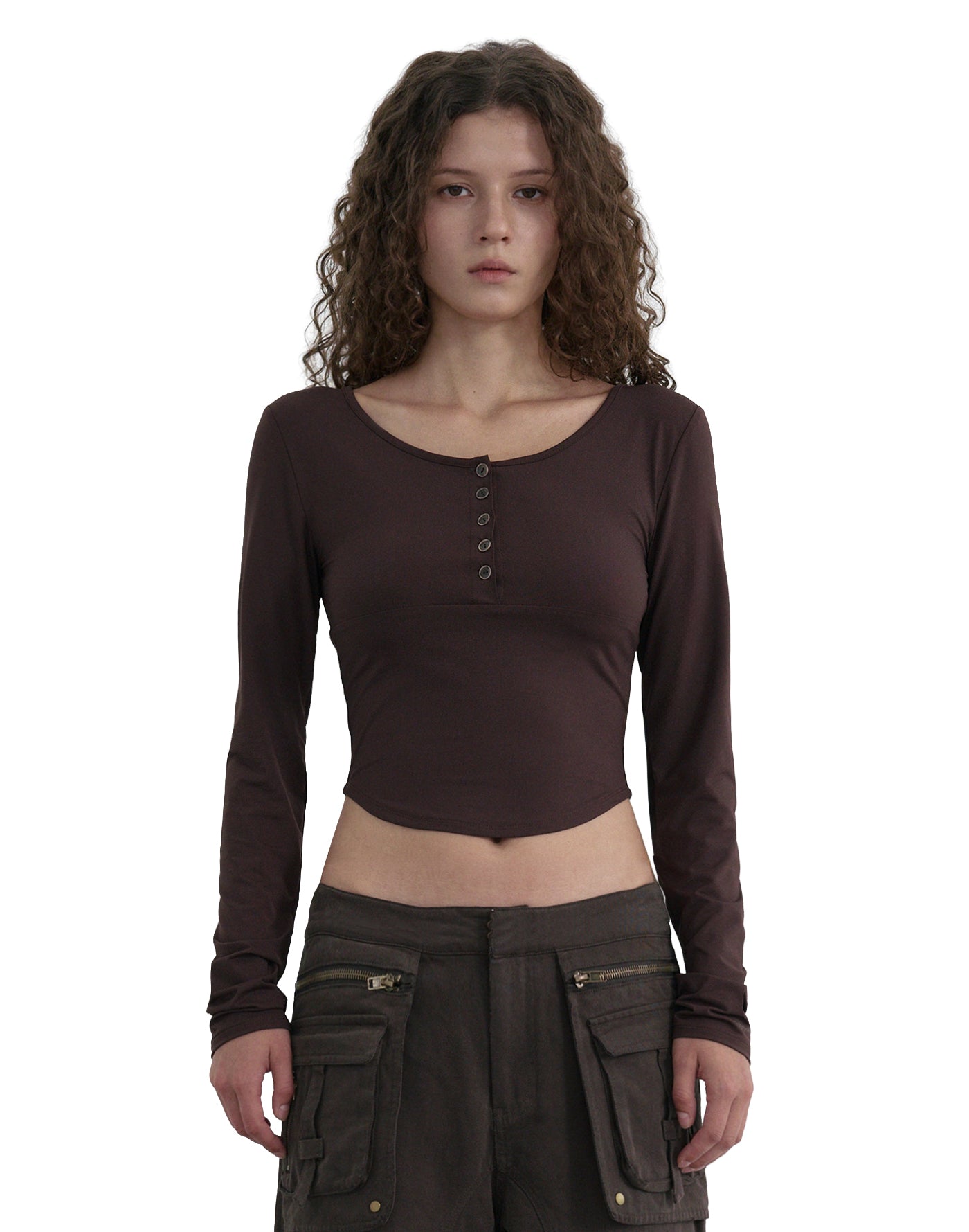 Nylon Buttoned Crop T-Shirt