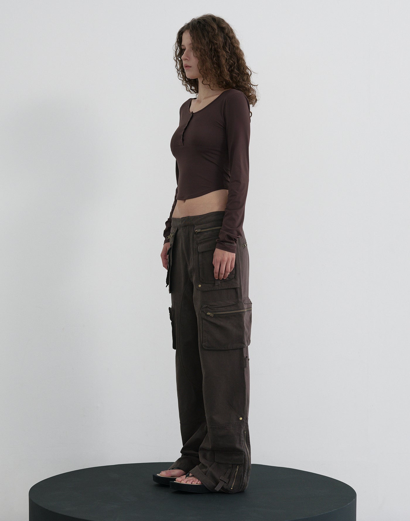 Nylon Buttoned Crop T-Shirt