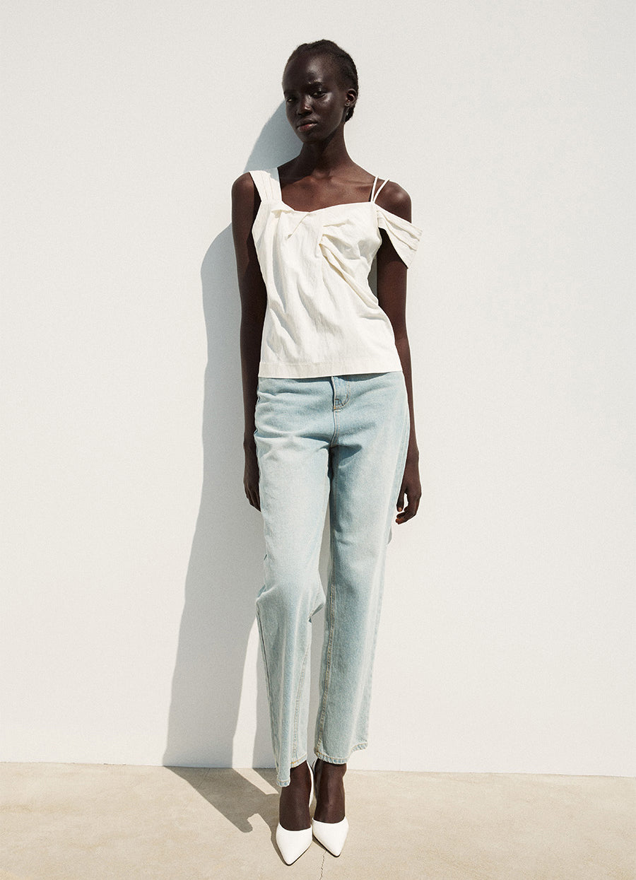 Asymmetric Shoulder Blouse Pearl