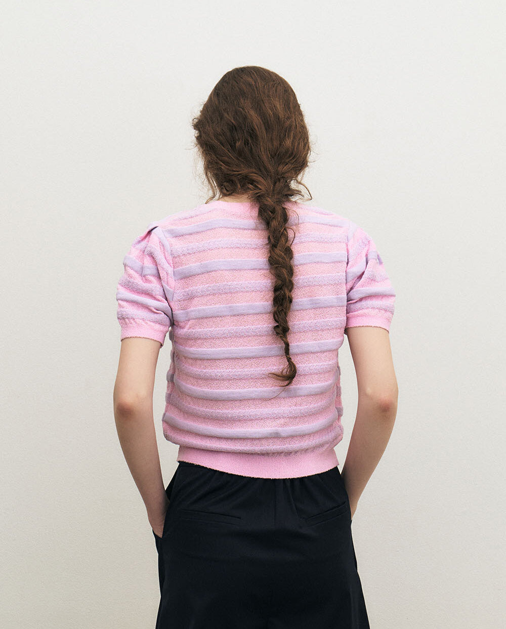 Bouclé Stripe Half Sleeve Crop Knit
