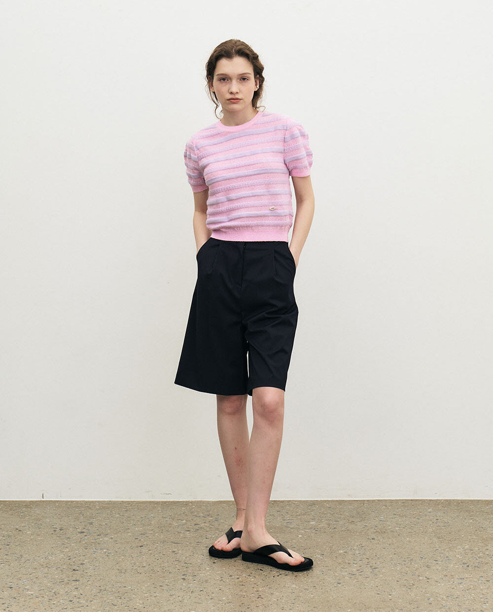 Bouclé Stripe Half Sleeve Crop Knit