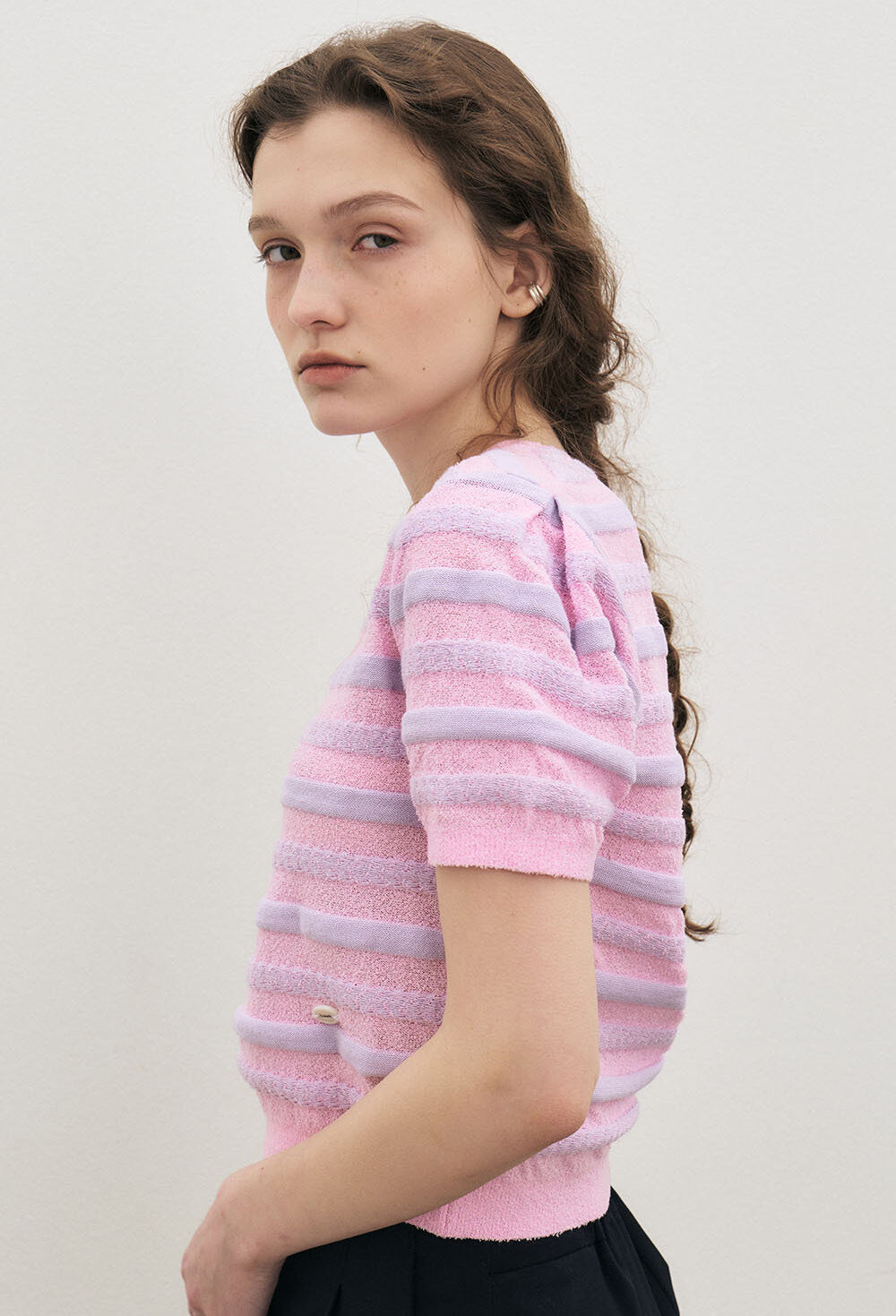 Bouclé Stripe Half Sleeve Crop Knit