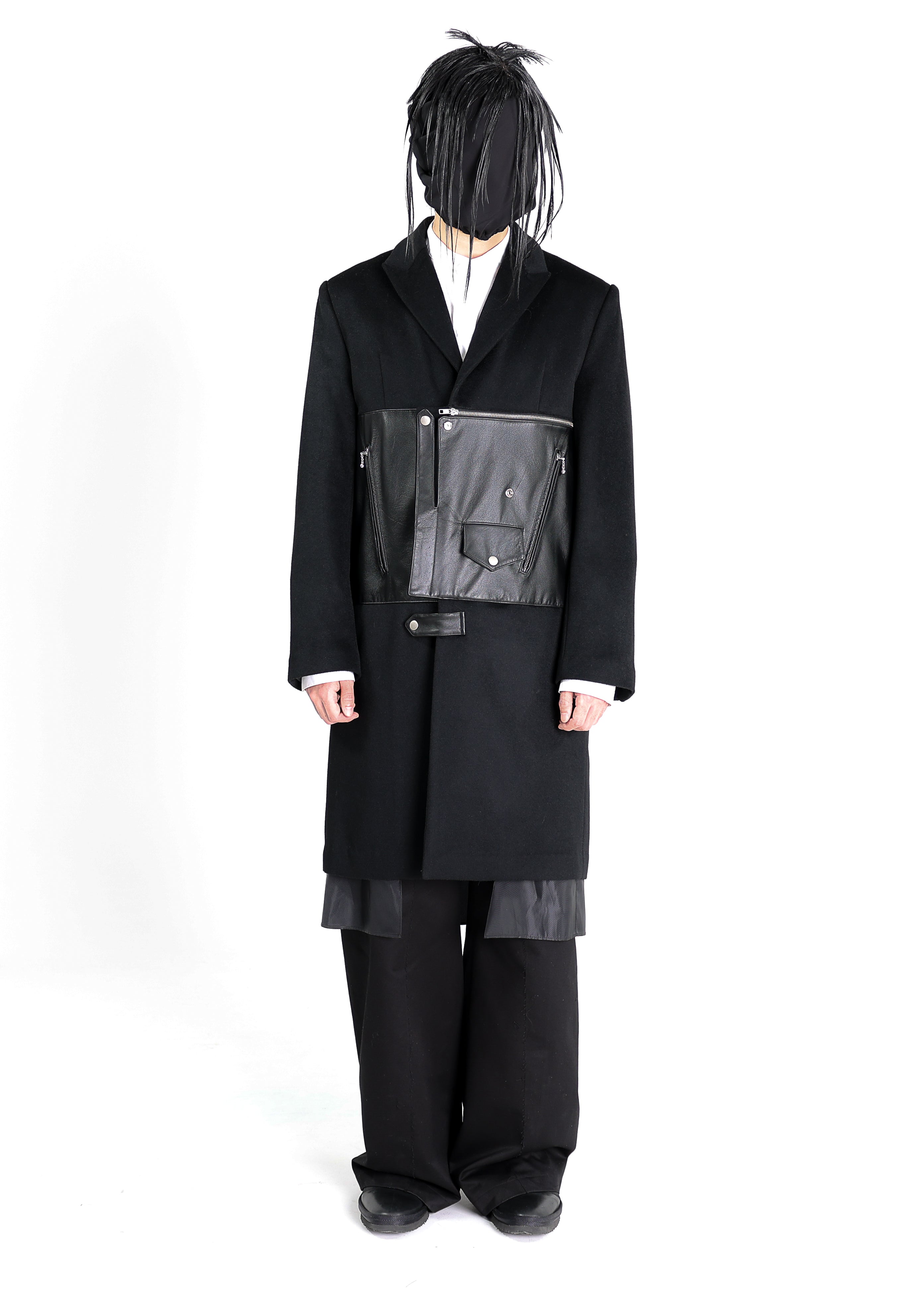 Leather Biker Paneled Wool Coat