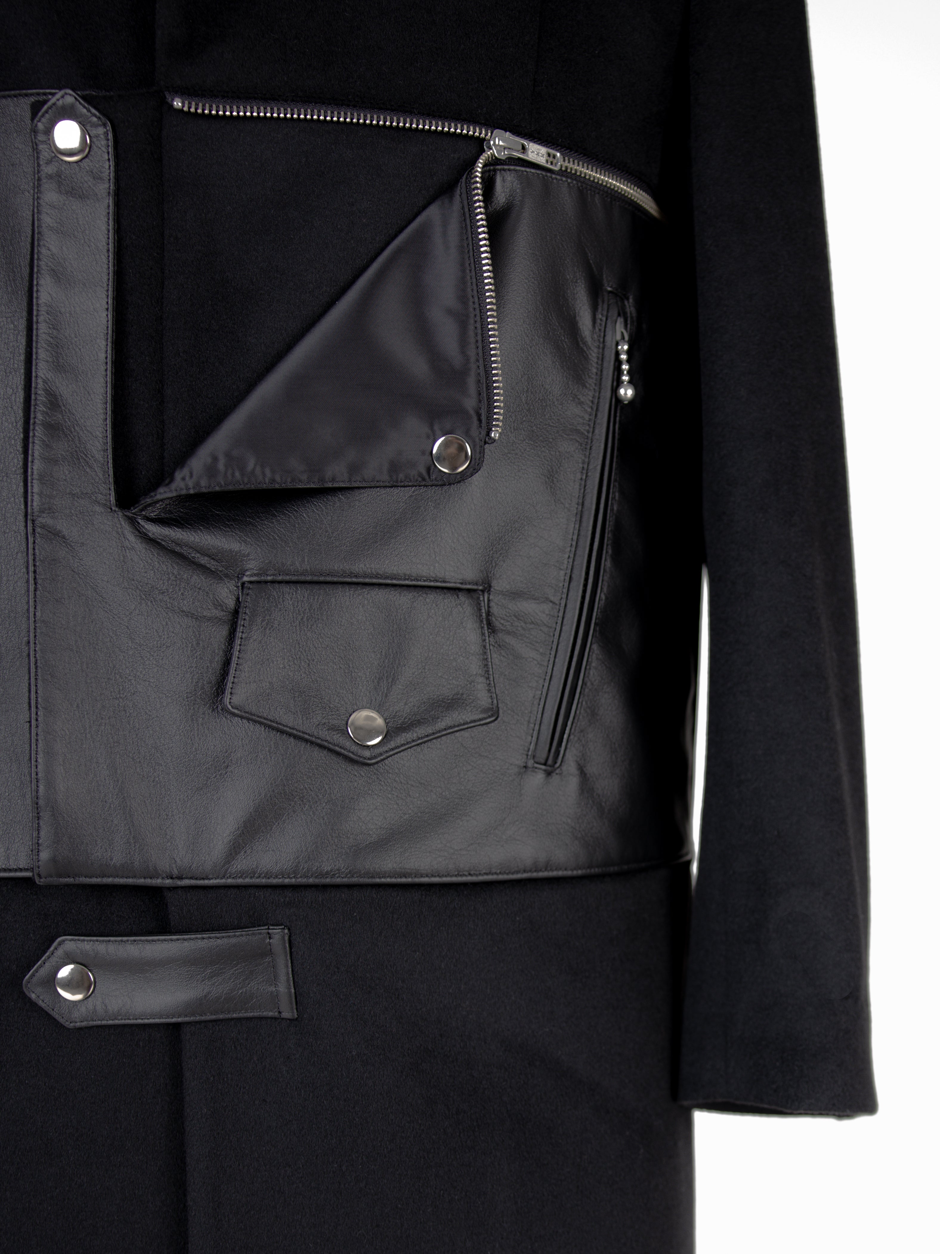 Leather Biker Paneled Wool Coat