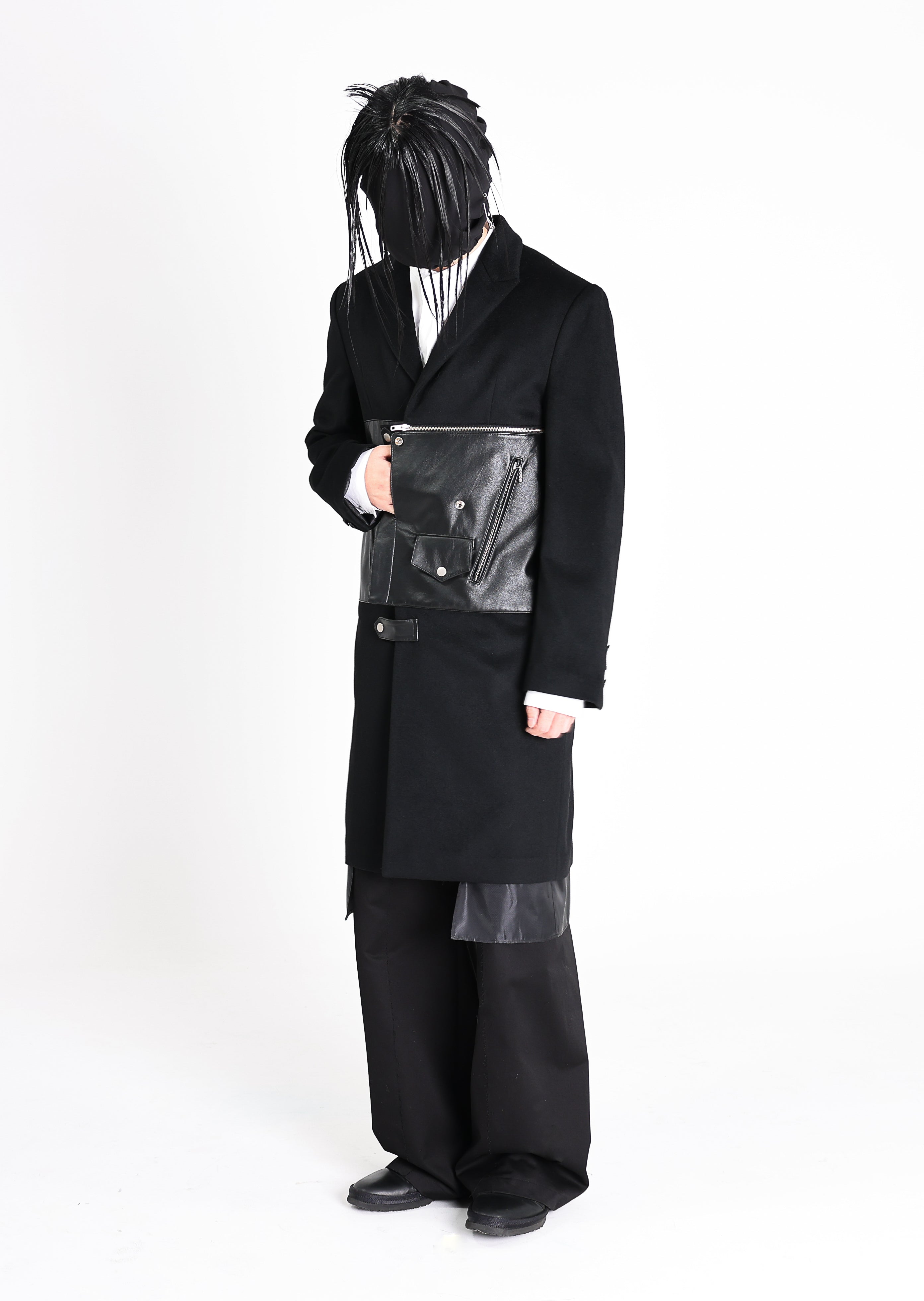 Leather Biker Paneled Wool Coat