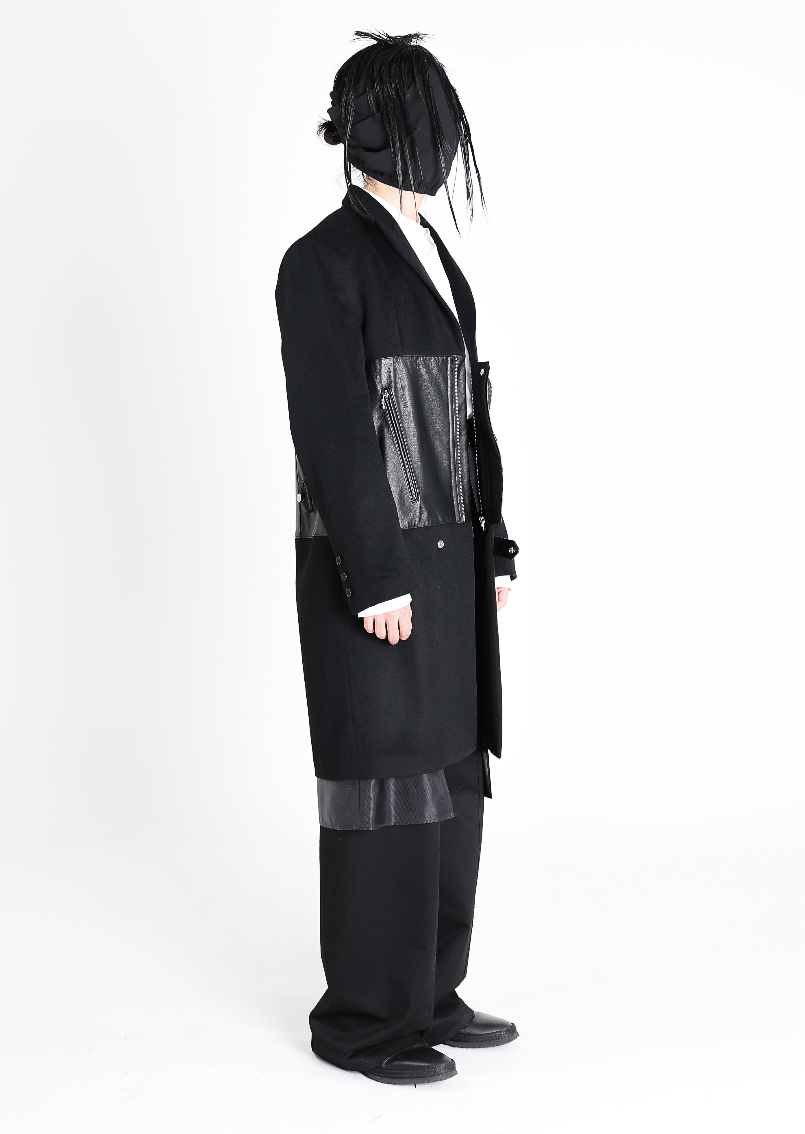 Leather Biker Paneled Wool Coat