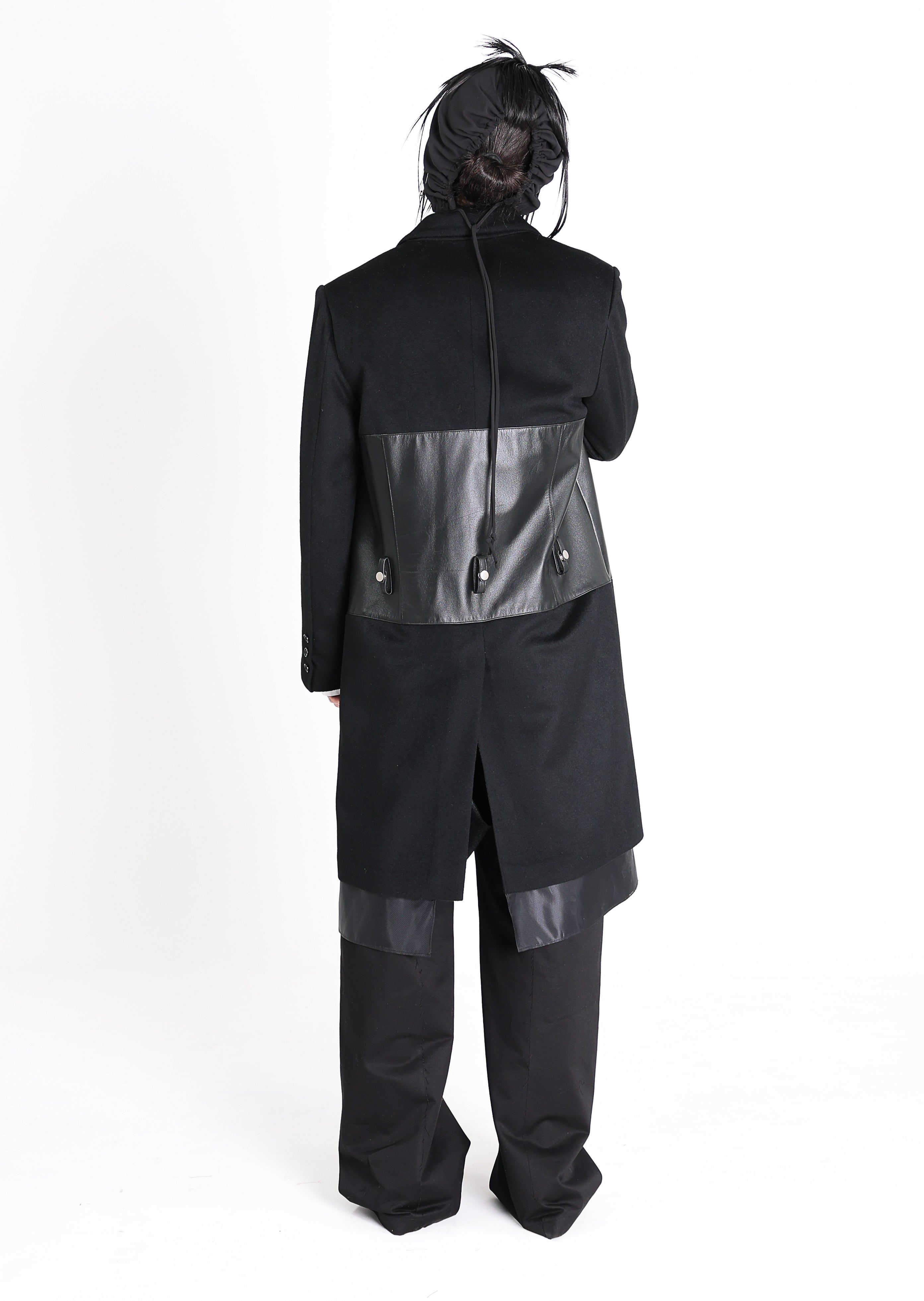Leather Biker Paneled Wool Coat