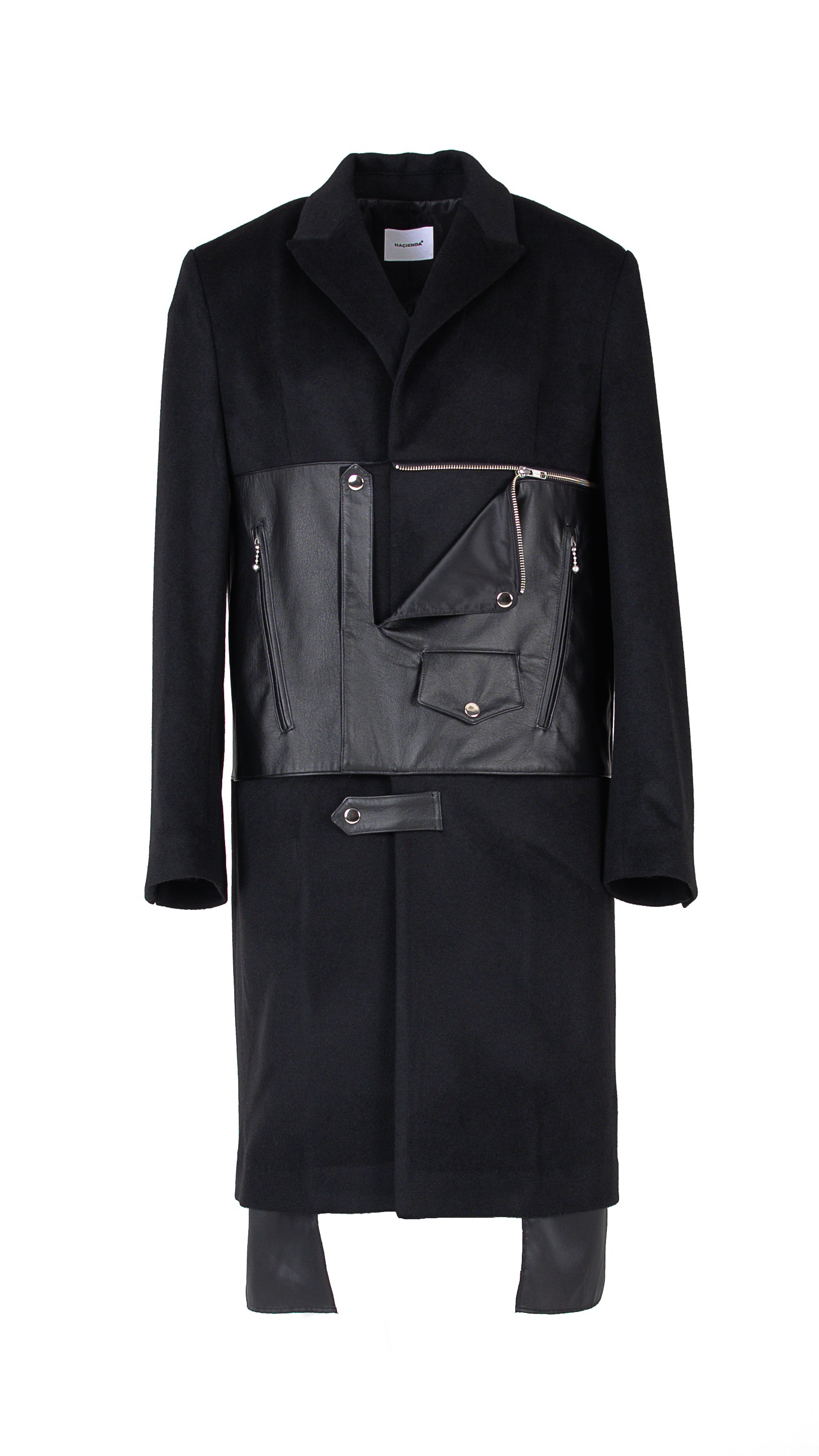 Leather Biker Paneled Wool Coat