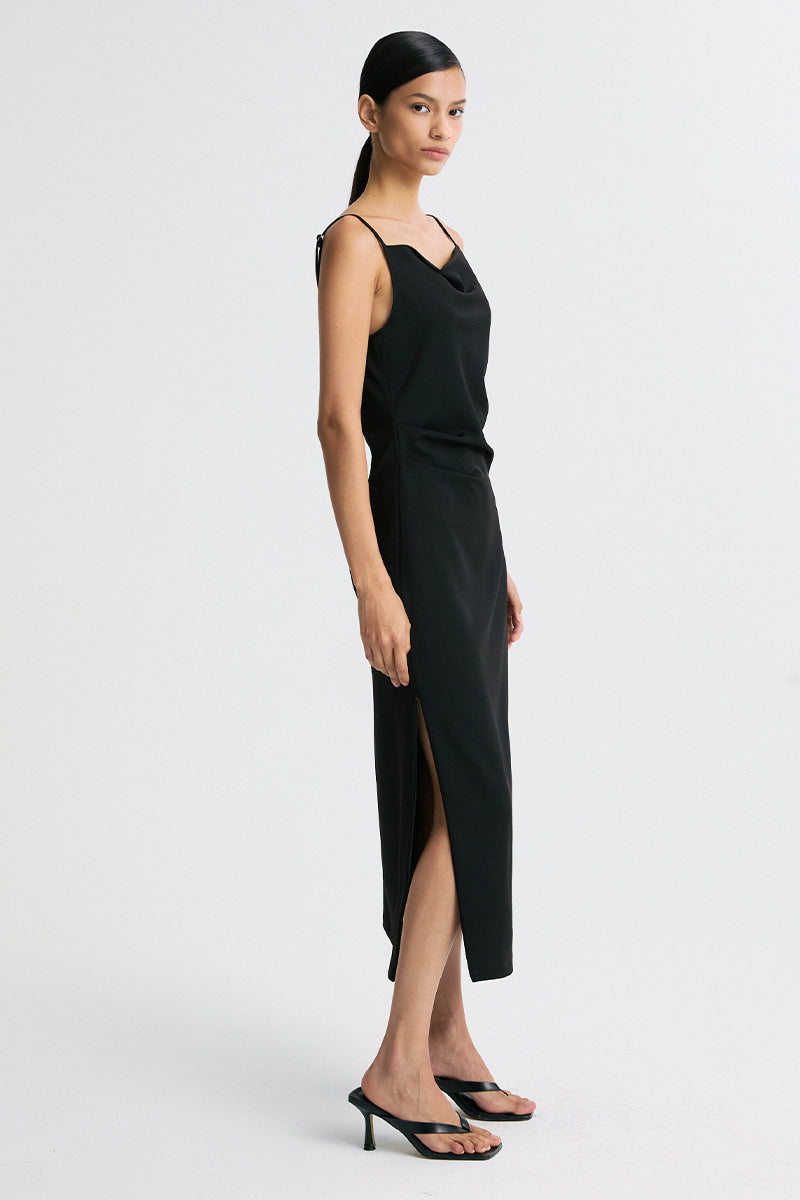 Zip-Hem Draped Midi Dress